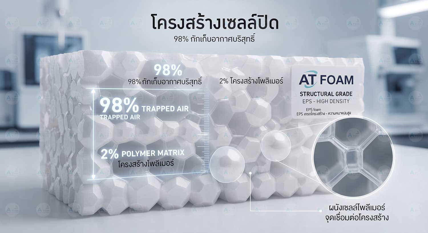 ภาพอินโฟกราฟิกแสดงโครงสร้างเซลล์ปิด (Closed-Cell Structure) ของโฟม EPS เกรดโครงสร้างจาก เอทีโฟม (AT Foam) กักเก็บอากาศบริสุทธิ์ 98% ให้คุณสมบัติการลอยตัวสูง
