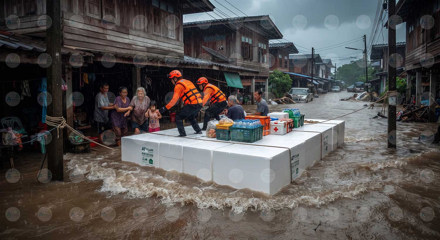 ภาพภารกิจกู้ภัยฉุกเฉิน เจ้าหน้าที่กำลังช่วยเหลือผู้ประสบภัยน้ำท่วมขึ้นแพโฟม EPS ขนาดใหญ่จาก เอทีโฟม (AT Foam) ท่ามกลางกระแสน้ำเชี่ยวกราก