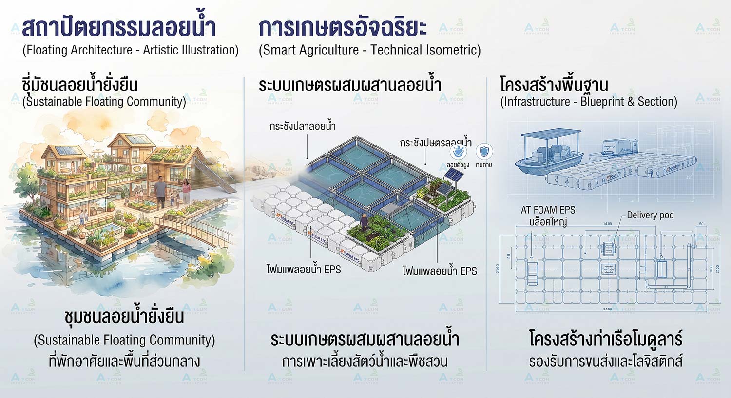 อินโฟกราฟิกแสดงโครงสร้างเซลล์ปิด (Closed-Cell Structure) ของ AT Foam EPS ประกอบด้วยอากาศ 98% และพลาสติก 2% ทำให้น้ำไม่ซึมผ่านและพยุงตัวได้ยาวนาน