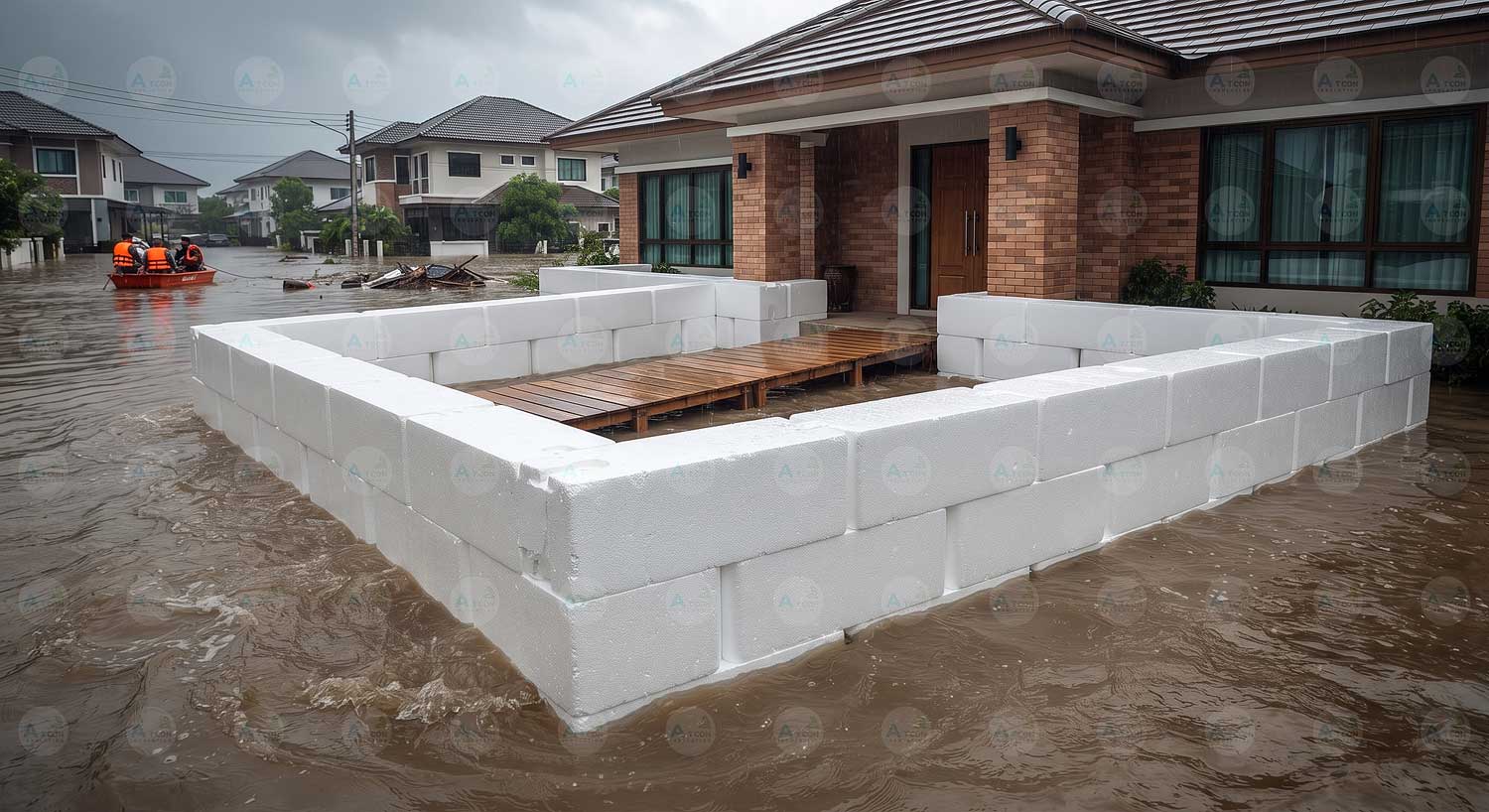 ภาพแนวป้องกันน้ำท่วมชั่วคราว (Flood Barrier) สร้างจากบล็อกโฟม EPS เกรดโครงสร้างความหนาแน่นสูงจาก เอทีโฟม (AT Foam) เรียงต่อกันเป็นแนวกั้นน้ำรอบระเบียงบ้านอย่างแน่นหนา ป้องกันน้ำท่วมขังเข้าสู่ตัวบ้านได้อย่างมีประสิทธิภาพ