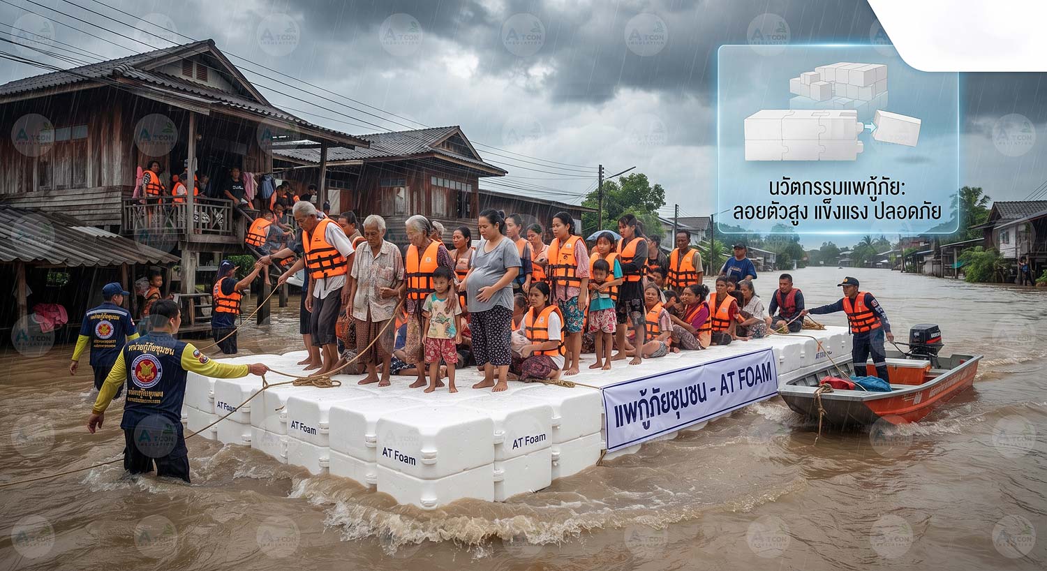 ภาพสถานการณ์จริงการใช้แพกู้ภัยและอพยพชุมชนจาก AT Foam ทำจากโฟม EPS บล็อกใหญ่ แรงลอยตัวสูง ปลอดภัยในวิกฤตน้ำท่วมฉับพลัน