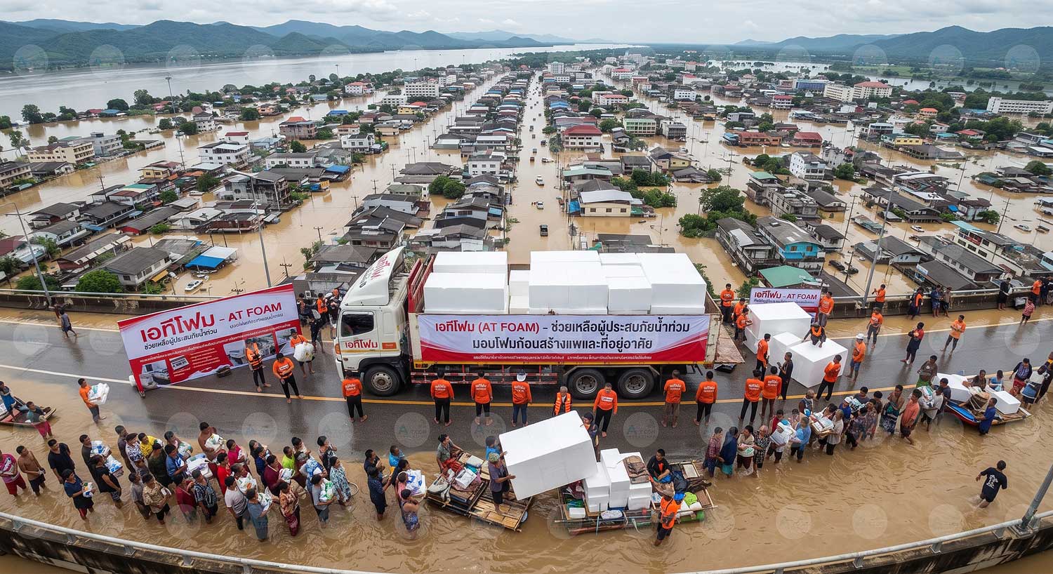 ภาพมุมสูงแสดงบรรยากาศการช่วยเหลือผู้ประสบภัยน้ำท่วมขังทั่วเมือง โดยทีมงาน เอทีโฟม (AT Foam) นำรถบรรทุกขนย้ายบล็อกโฟม EPS ขนาดใหญ่มาแจกจ่ายให้ชาวบ้านนำไปสร้างแพและที่อยู่อาศัยฉุกเฉิน