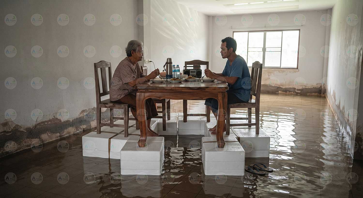 ภาพชาวบ้านกำลังนั่งรับประทานอาหารบนโต๊ะที่ถูกยกระดับด้วยบล็อกโฟม EPS ความหนาแน่นสูงจาก เอทีโฟม (AT Foam) รองรับขาโต๊ะและเก้าอี้แต่ละขาให้อยู่เหนือระดับน้ำท่วมขังภายในบ้านได้อย่างปลอดภัย