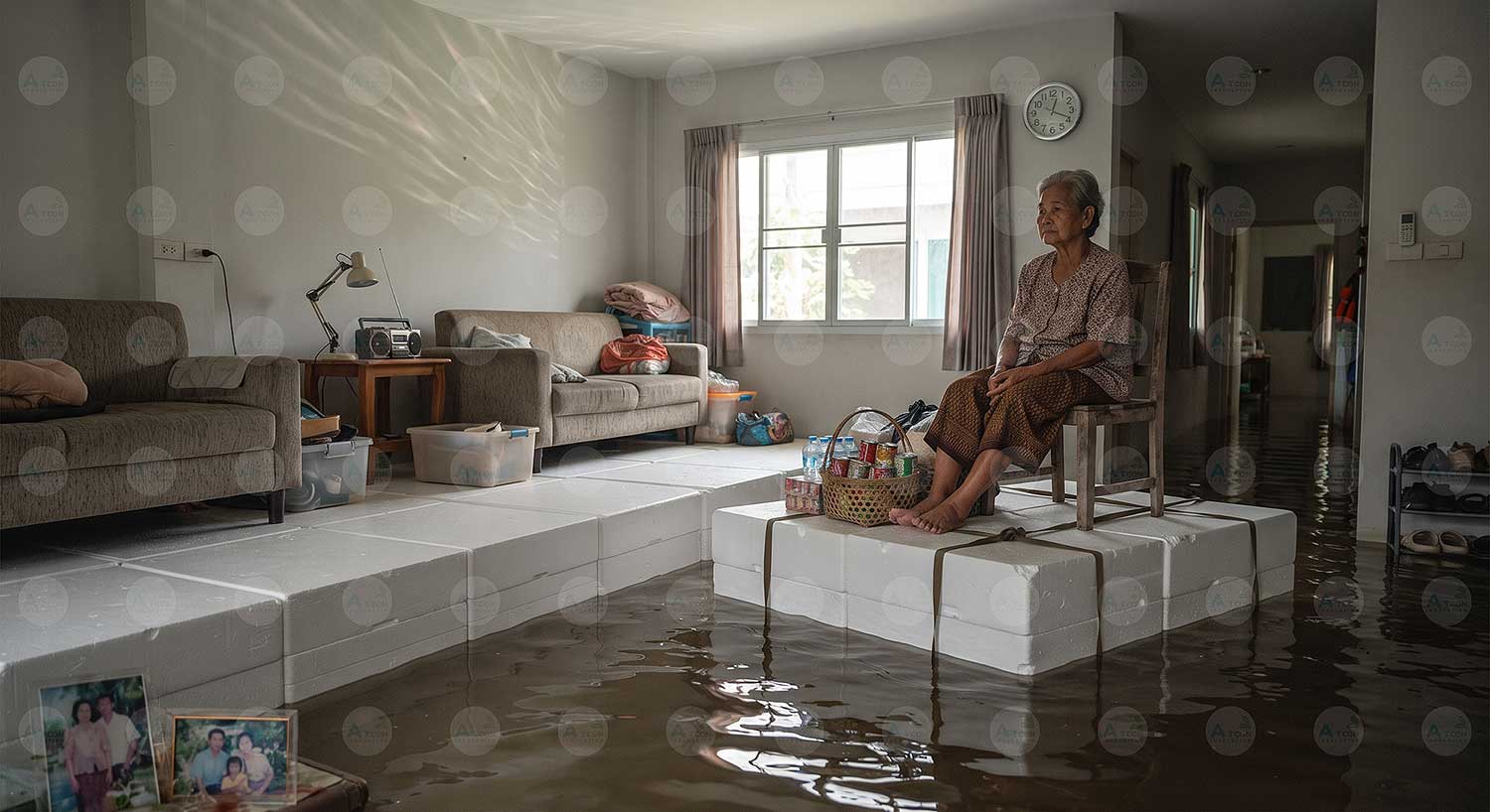 ภาพภายในห้องนั่งเล่นที่ประสบภัยน้ำท่วมขัง มีการนำบล็อกโฟม EPS ความหนาแน่นสูงจาก เอทีโฟม (AT Foam) มาต่อเป็นพื้นยกระดับและทำเป็นแพรองรับเก้าอี้พักผ่อนสำหรับผู้สูงอายุอย่างปลอดภัย