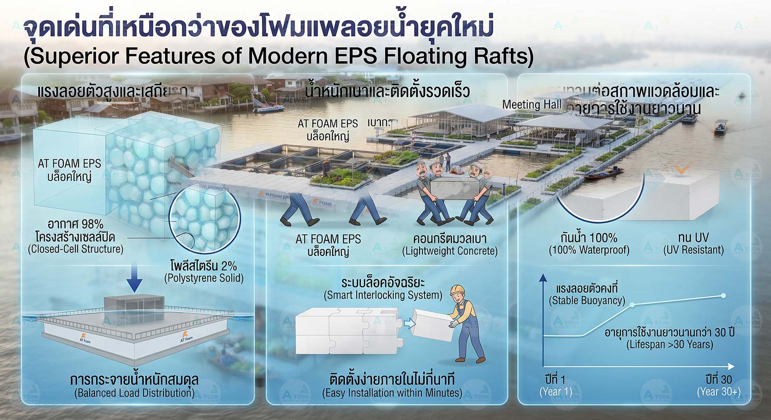อินโฟกราฟิกเปรียบเทียบจุดเด่นที่เหนือกว่าของโฟมแพลอยน้ำยุคใหม่ (AT FOAM EPS) ทั้งเรื่องแรงลอยตัวสูง น้ำหนักเบา และความทนทานยาวนานกว่า 30 ปี