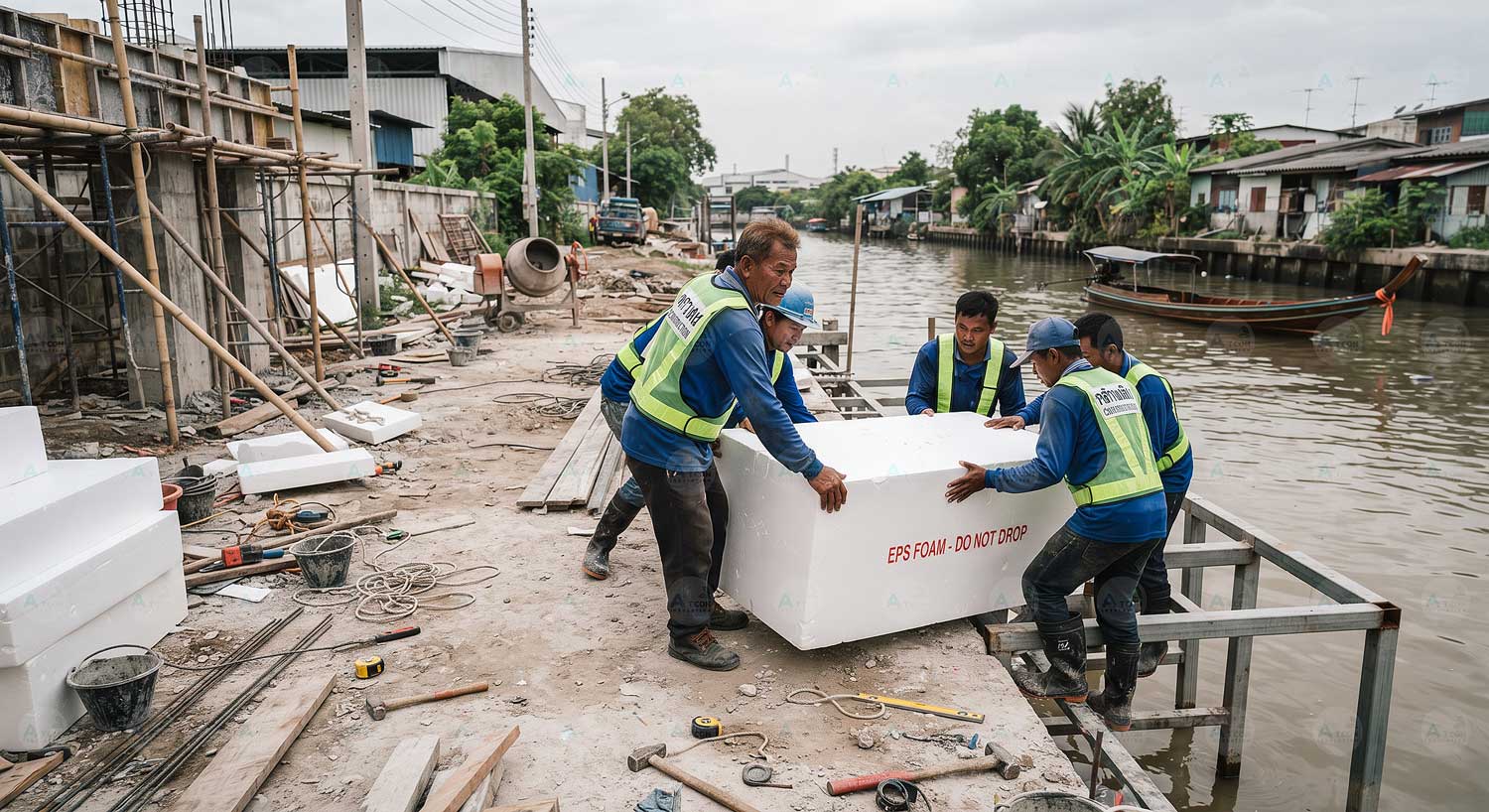 ภาพหน้างานจริงของช่างไทยกำลังติดตั้งโฟมบล็อก EPS ขนาดใหญ่สำหรับงานโครงสร้างลอยน้ำและฐานรากริมน้ำของ เอทีโฟม สมจริงและได้มาตรฐานวิศวกรรม