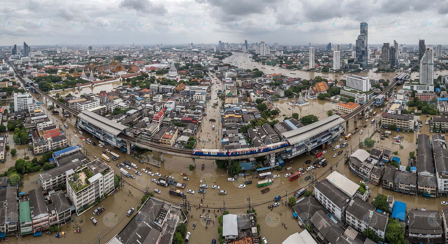 ภาพมุมสูงมุมมองกว้างพิเศษแสดงสถานการณ์น้ำท่วมรุนแรงในกรุงเทพมหานคร ผลกระทบจากวิกฤตอุทกภัยและระดับน้ำในแม่น้ำเจ้าพระยาเอ่อล้น