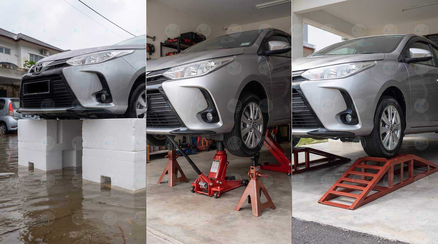 ภาพเปรียบเทียบอุปกรณ์ยกรถตอนน้ำท่วม โฟมบล็อก EPS, แม่แรงไฮดรอลิกกับขาตั้งสามขา และแท่นยกรถเหล็กสำเร็จรูป