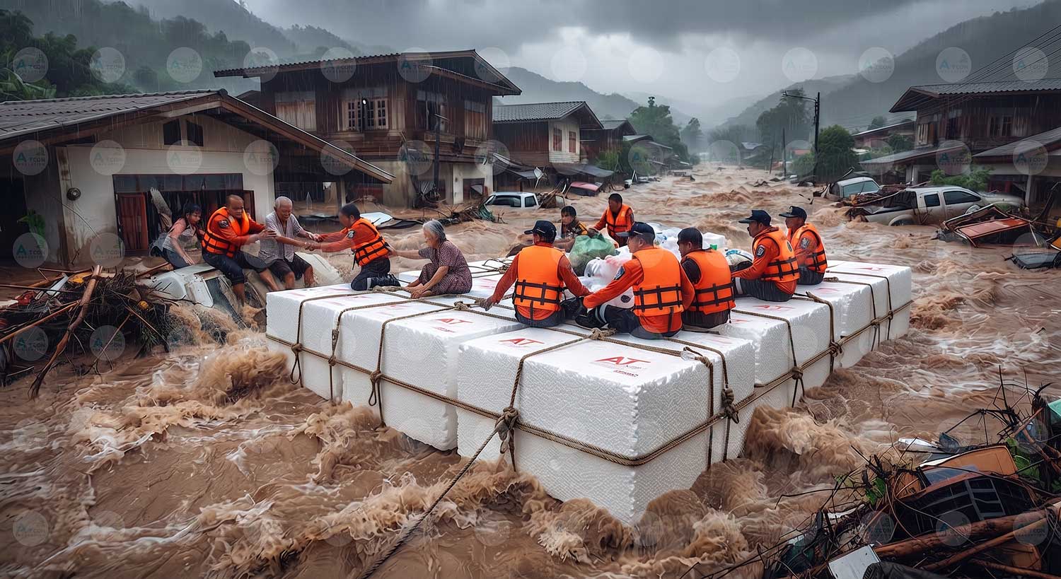 ภาพเหตุการณ์วิกฤตน้ำท่วมรุนแรงในหมู่บ้านริมเขา เจ้าหน้าที่กู้ภัยกำลังช่วยอพยพชาวบ้านขึ้นแพโฟมฉุกเฉิน ท่ามกลางกระแสน้ำเชี่ยวกรากและฝนตกหนัก