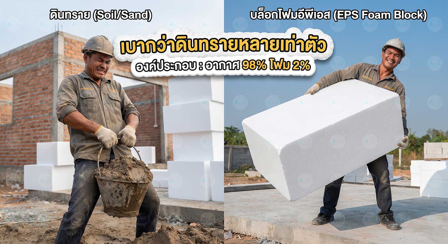 ภาพเปรียบเทียบการยกวัสดุระหว่างถังดินทรายน้ำหนักมากกับบล็อกโฟม EPS ขนาดใหญ่แต่น้ำหนักเบาหวิว โฟมก่อสร้างที่มีส่วนประกอบของอากาศถึงร้อยละ 98 ช่วยลดภาระโครงสร้างบ้าน
