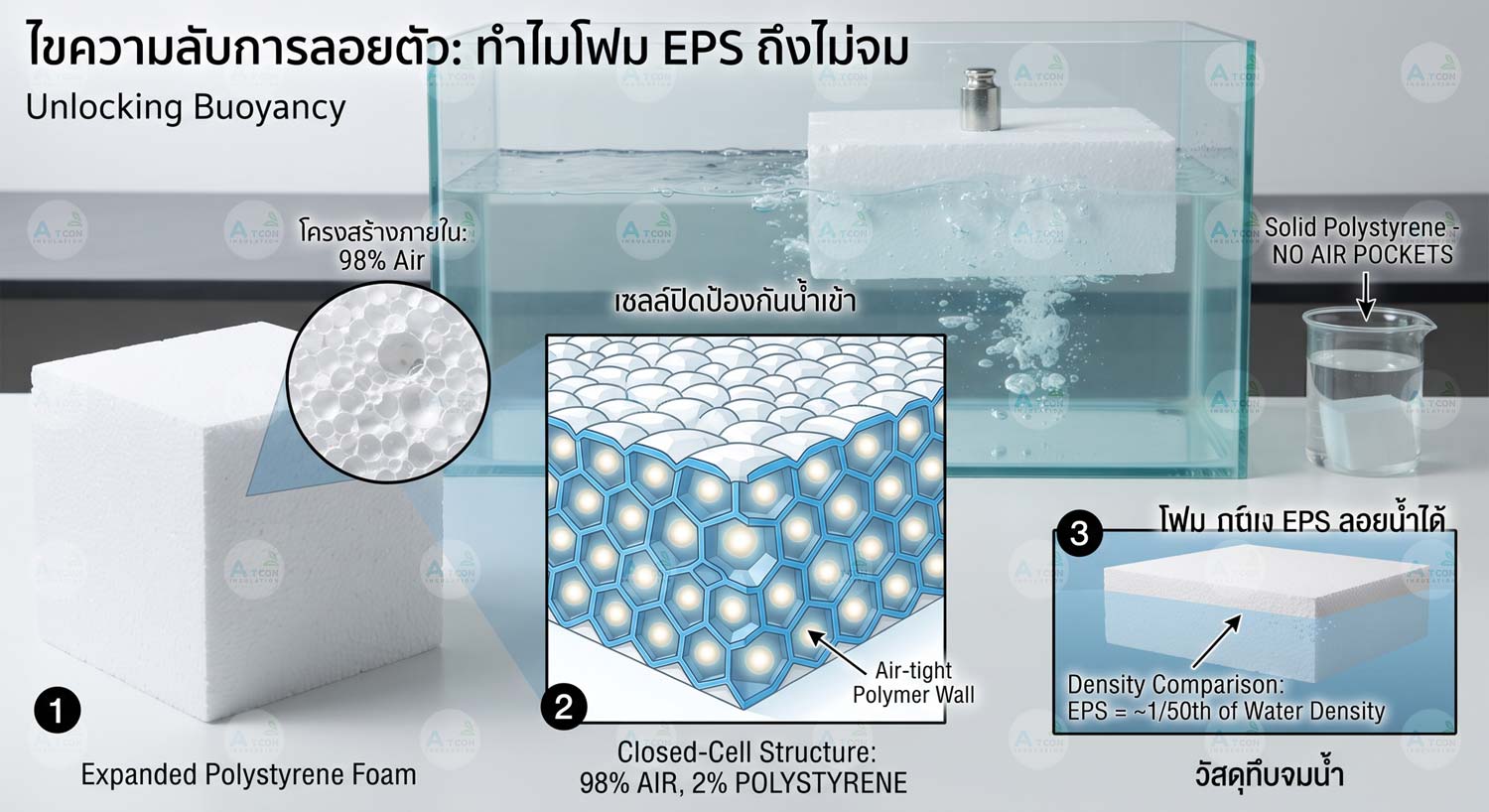 อินโฟกราฟิกไขความลับทำไม EPS FOAM ถึงลอยน้ำ แสดงโครงสร้างเซลล์ปิดและอากาศ 98%