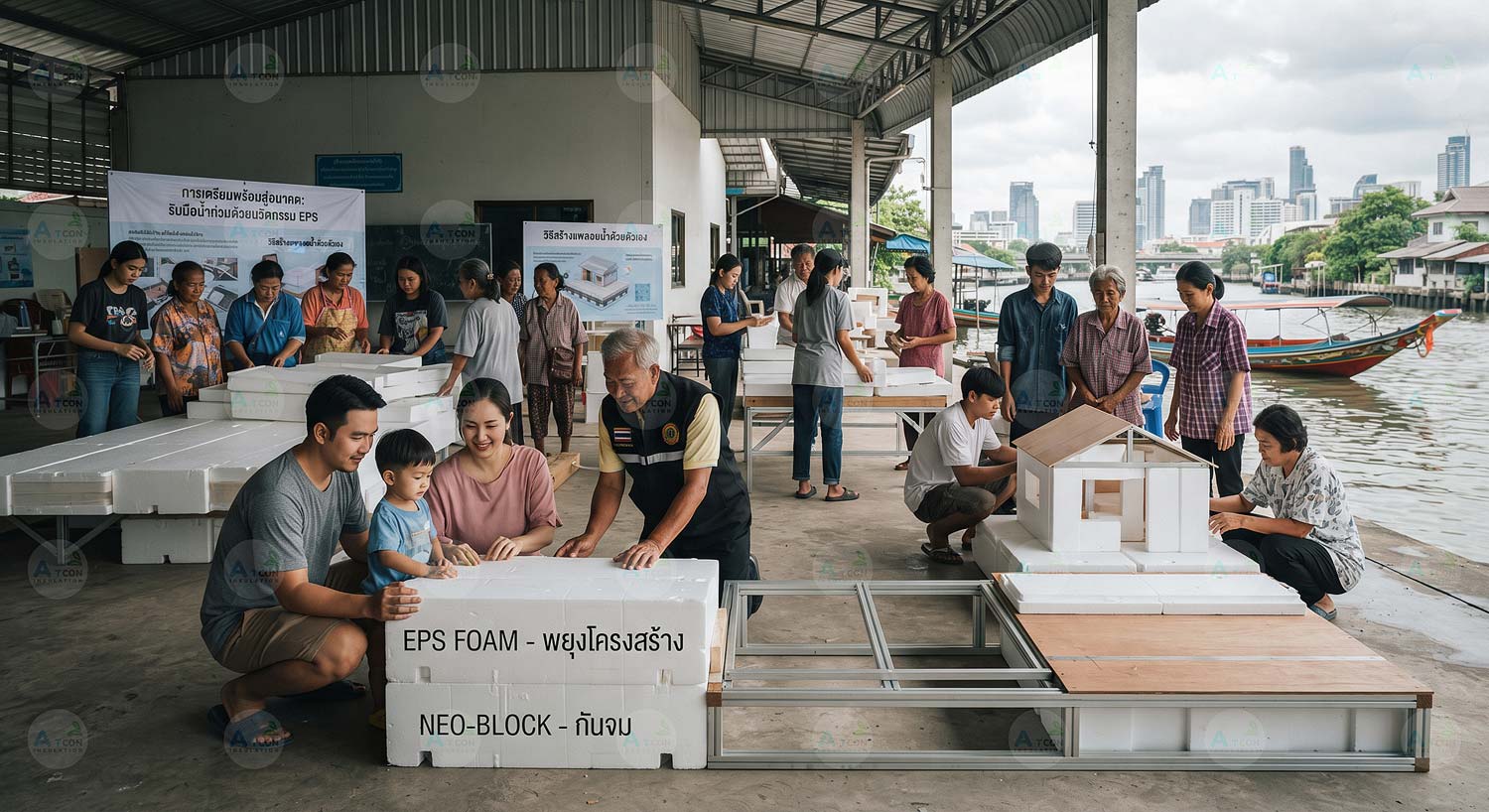 ชุมชนร่วมกันเตรียมพร้อมใช้งานบล็อก EPS FOAM เพื่อทำฐานรากลอยน้ำรับมือวิกฤตน้ำท่วม