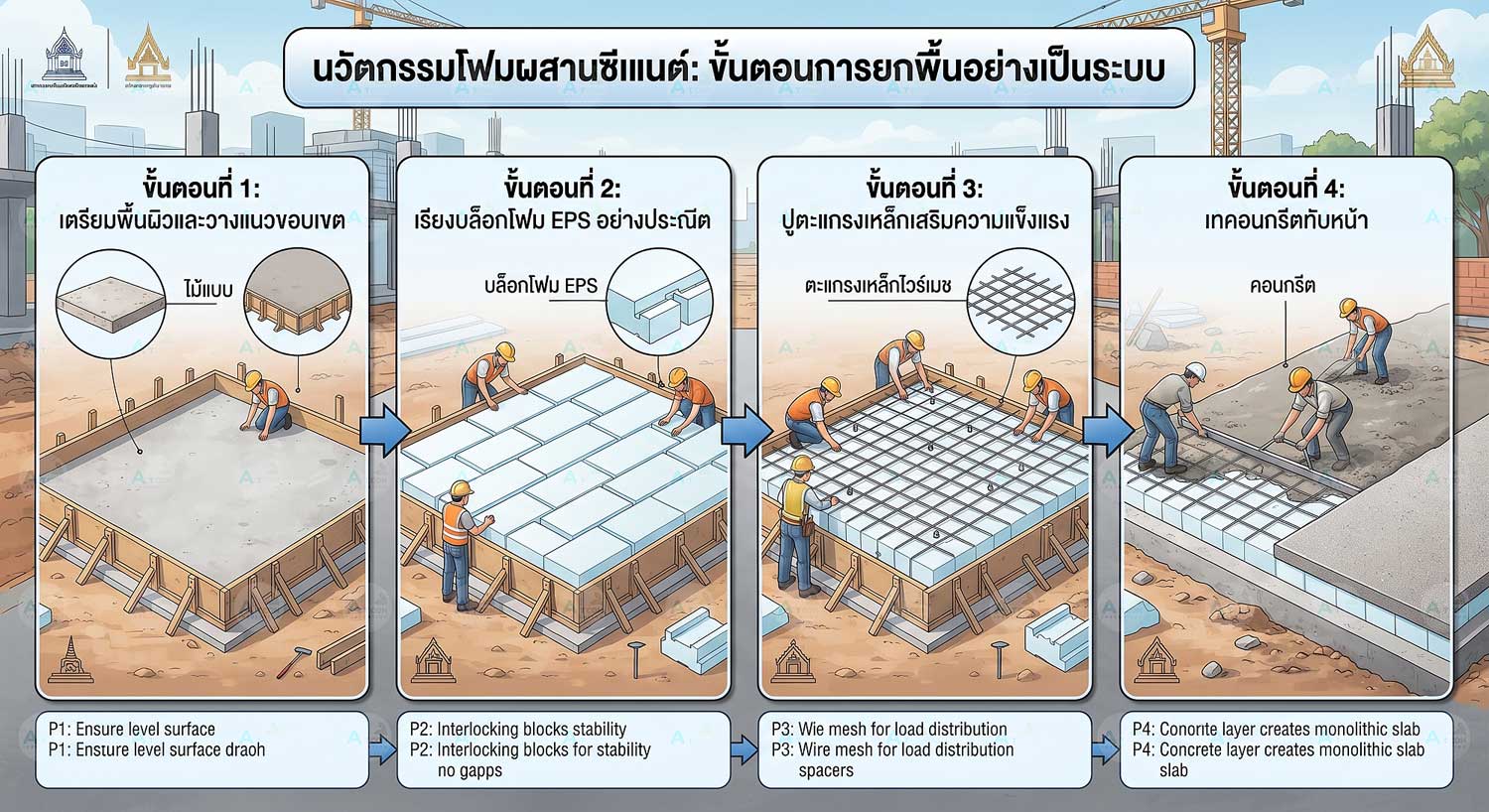 ภาพอินโฟกราฟิกแสดงขั้นตอนทางวิศวกรรมในการยกพื้นบ้านด้วยระบบโฟม EPS ผสานซีเมนต์ ตั้งแต่การเตรียมพื้นที่ เรียงบล็อกโฟม ปูตะแกรงเหล็กไวเมท จนถึงการเทคอนกรีตทับหน้าอย่างเป็นระบบ เพื่อความแข็งแรงทนทานสูงสุด