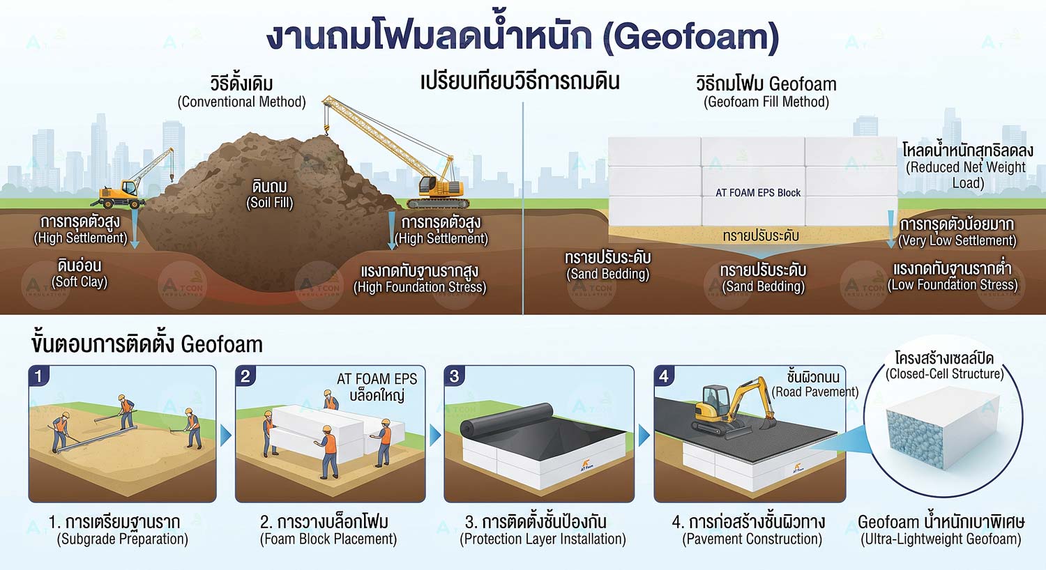 อินโฟกราฟิกเปรียบเทียบงานถมดินแบบดั้งเดิมกับงานถมโฟมลดน้ำหนัก Geofoam (AT FOAM EPS) แสดงขั้นตอนการติดตั้งและคุณสมบัติลดการทรุดตัว