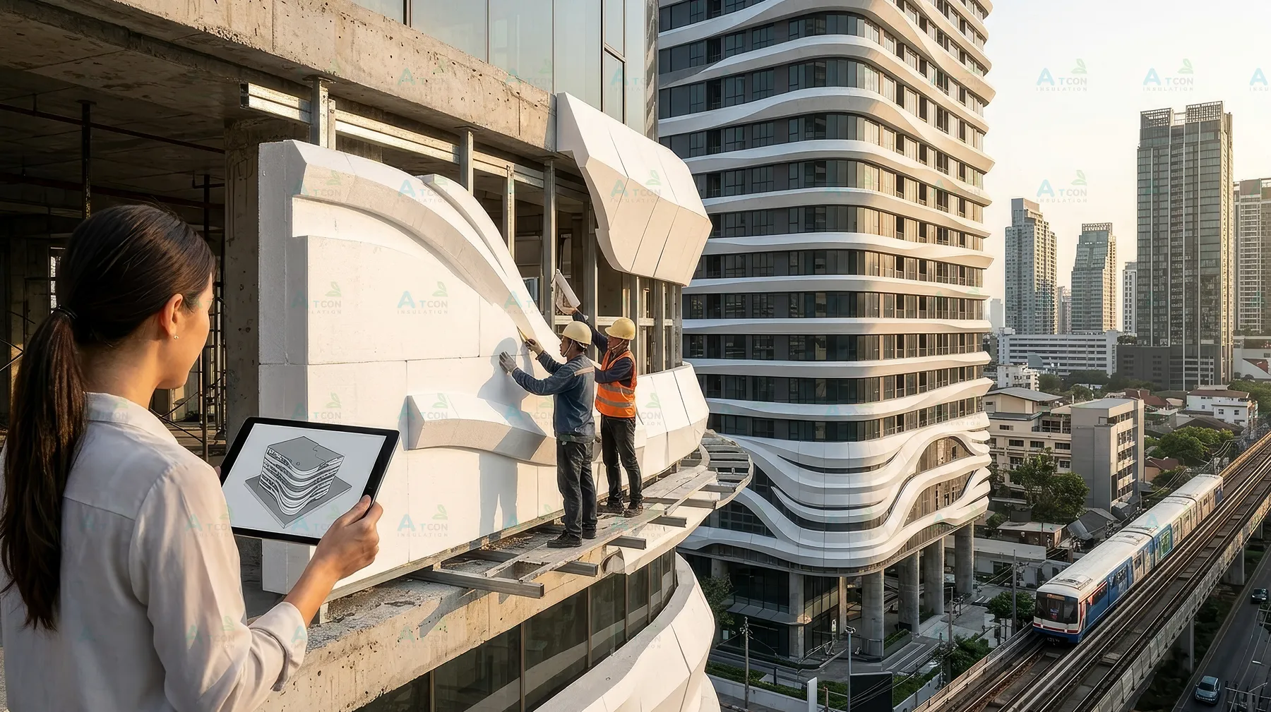 สถาปนิกตรวจสอบงานตกแต่ง Facade อาคารสูงรูปทรงโค้งมนจาก EPS Foam