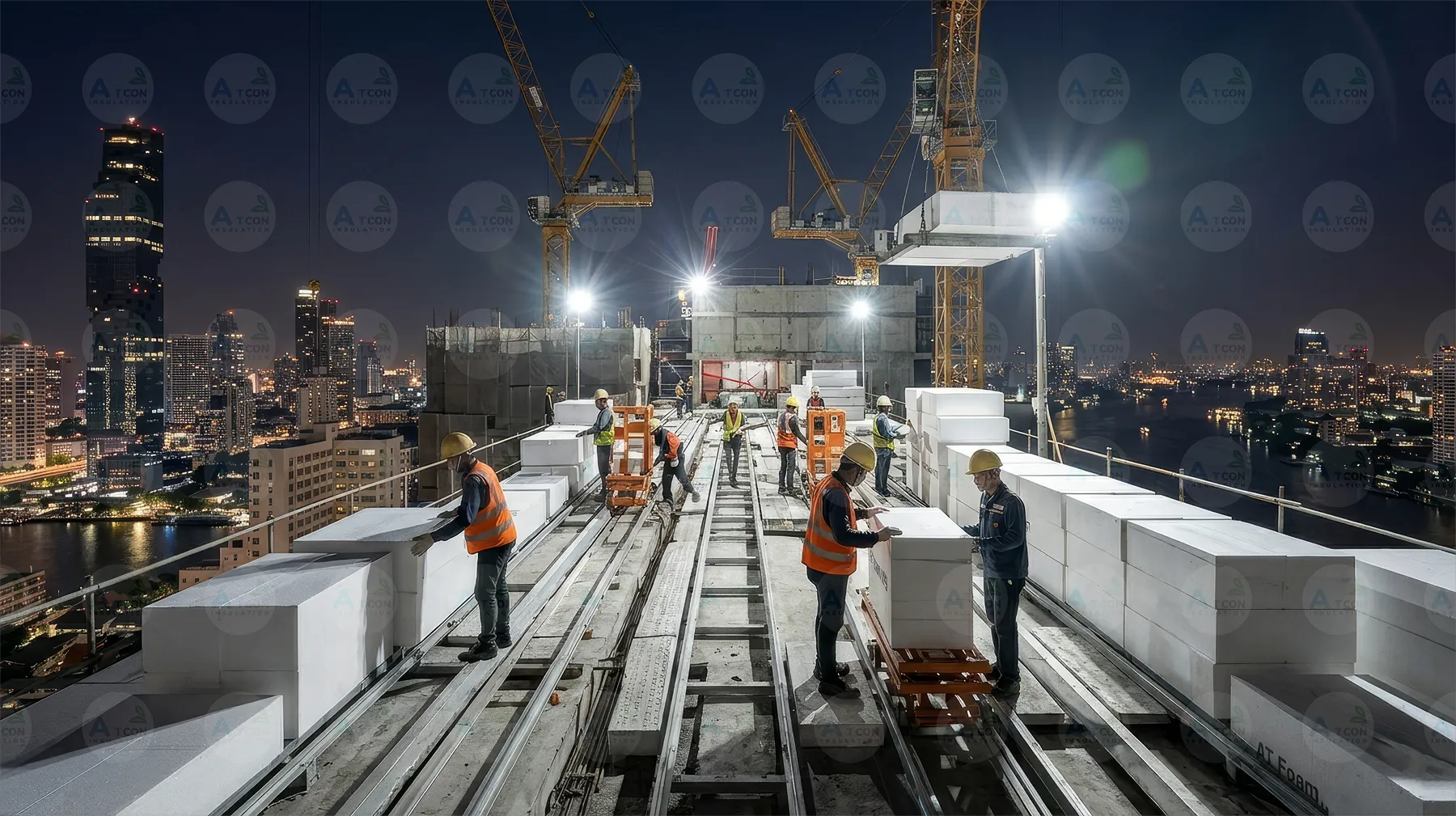 ทีมงานกำลังลำเลียง EPS Foam ขึ้นสู่อาคารสูงอย่างรวดเร็วในตอนกลางคืน