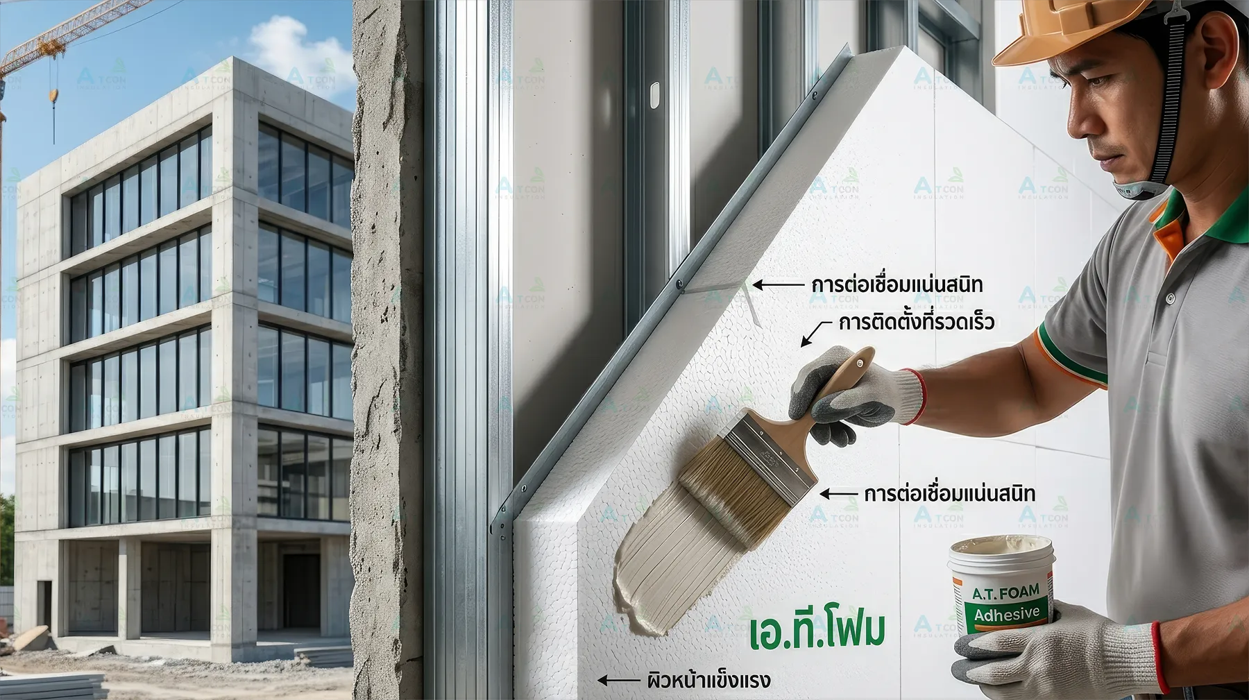 ช่างผู้เชี่ยวชาญกำลังติดตั้งผนังบ้านโฟม EPS ของบริษัท เอ.ที.โฟม โดยใช้กาวประสานโฟมประสิทธิภาพสูง เพื่อสร้างบ้านเย็นประหยัดพลังงานและกันความร้อนดีเยี่ยม