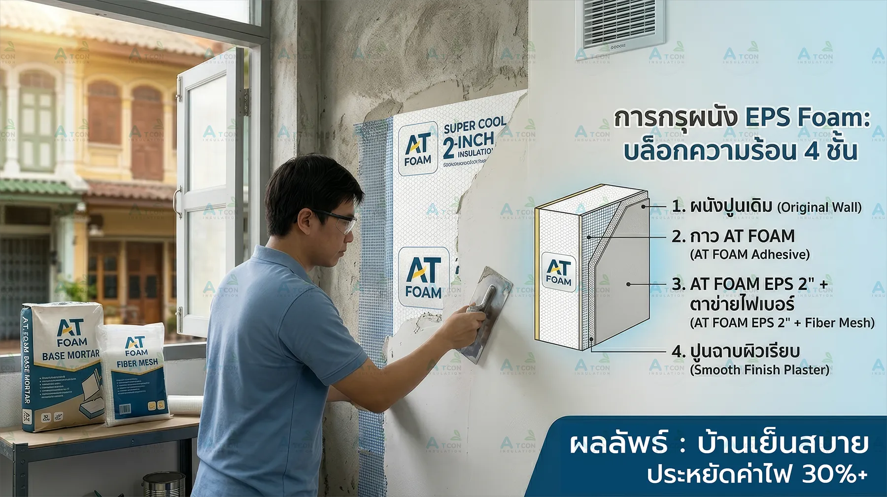 ไดอะแกรมแสดงชั้นโครงสร้างผนังกันความร้อน 4 ชั้น ตั้งแต่ผนังปูนเดิมไปจนถึงผิวฉาบเรียบ